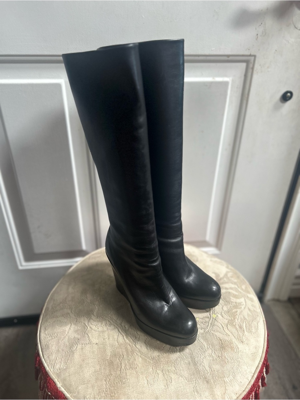 Christian Loubotin Black Tall Smooth chunky wedge platform Leather boots Sz 38 - Picture 14 of 15